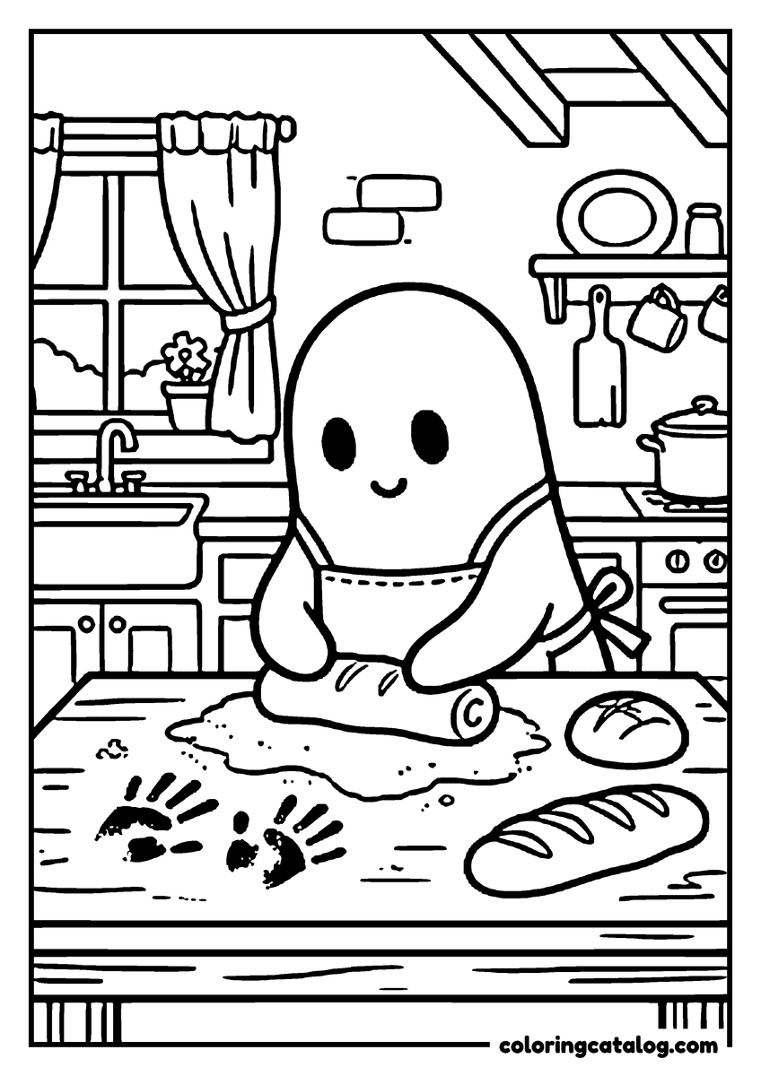 Free printable coloring sheet: A ghost in an apron kneading dough in a cottage kitchen, floury handprints on the table
