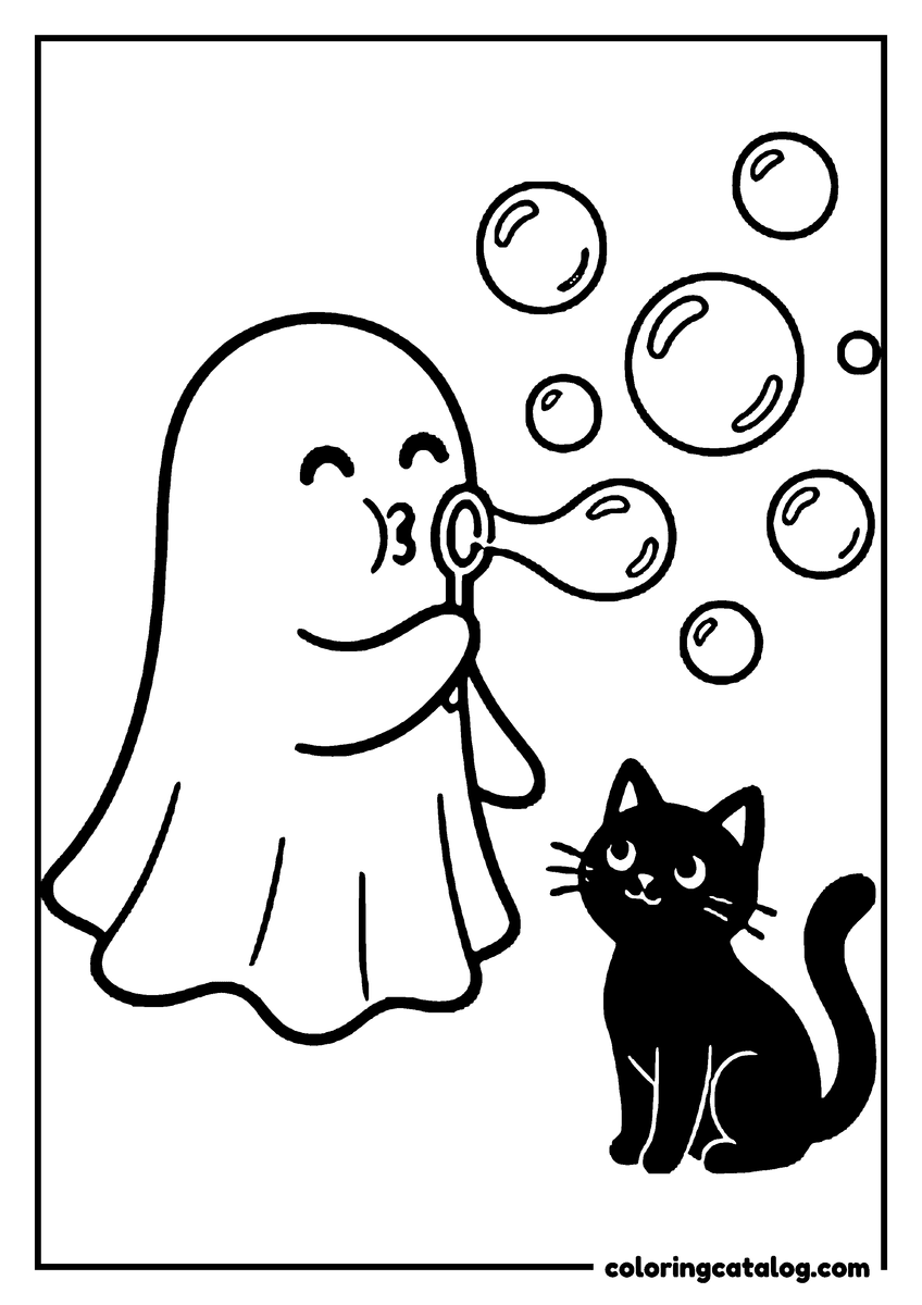 Printable coloring page: A ghost blowing soap bubbles that float around a black cat