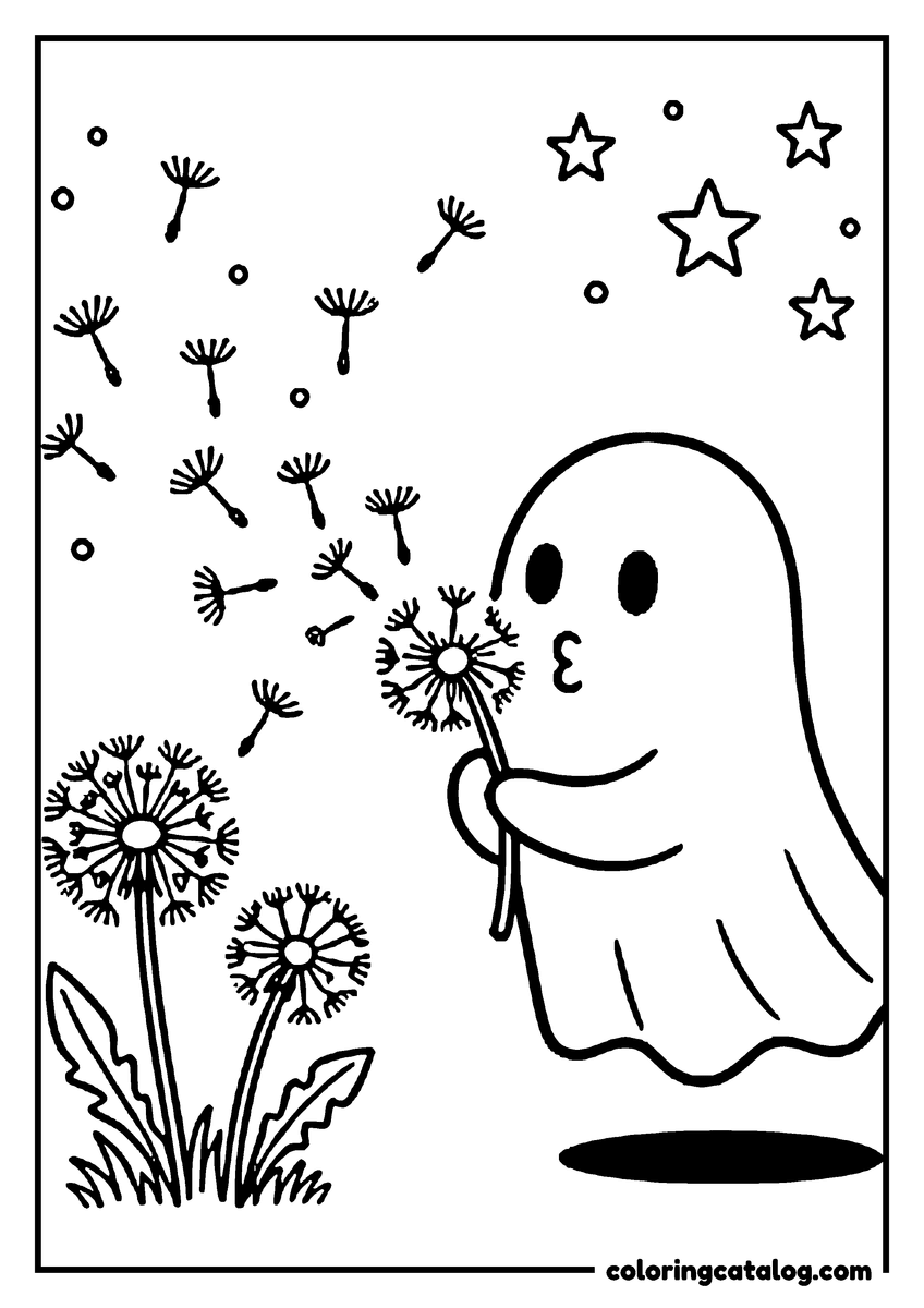 Free printable coloring sheet: A ghost blowing a dandelion clock, the seeds drifting up toward the stars
