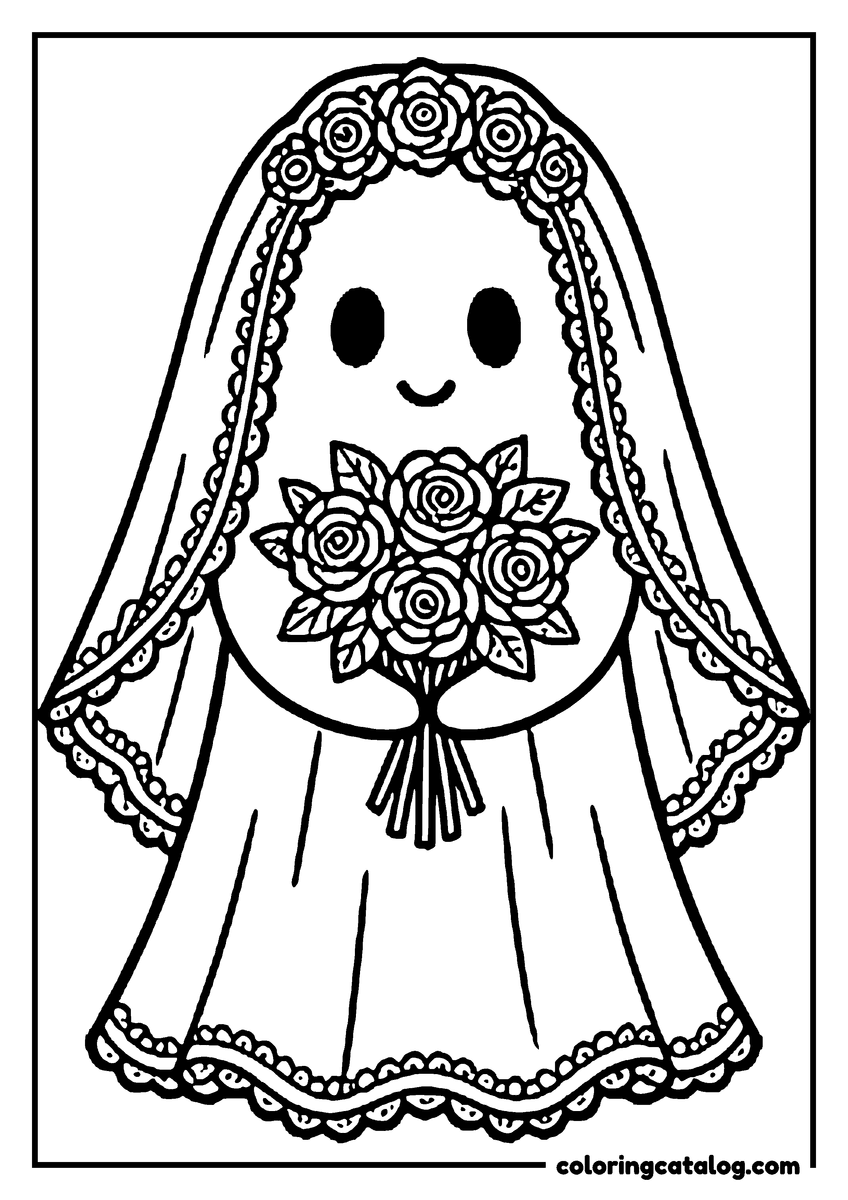 Free printable coloring sheet: A ghost in a lace veil holding a bouquet of roses