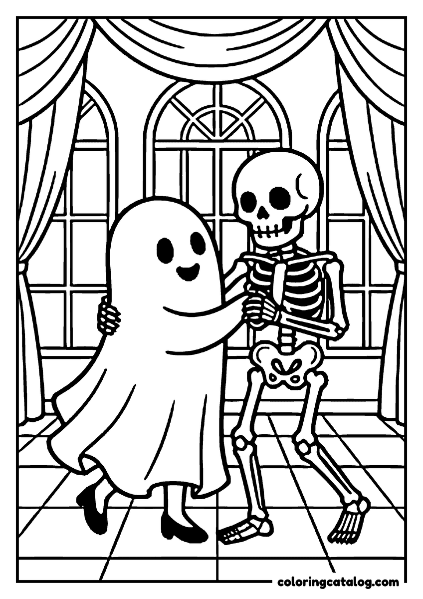 Printable coloring page: A ghost dancing with a friendly skeleton in a ballroom of tall arched windows
