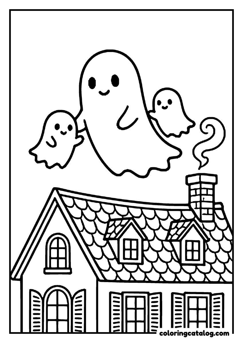 Coloring page: A family of ghosts drifting above the shingled roof of a friendly old house