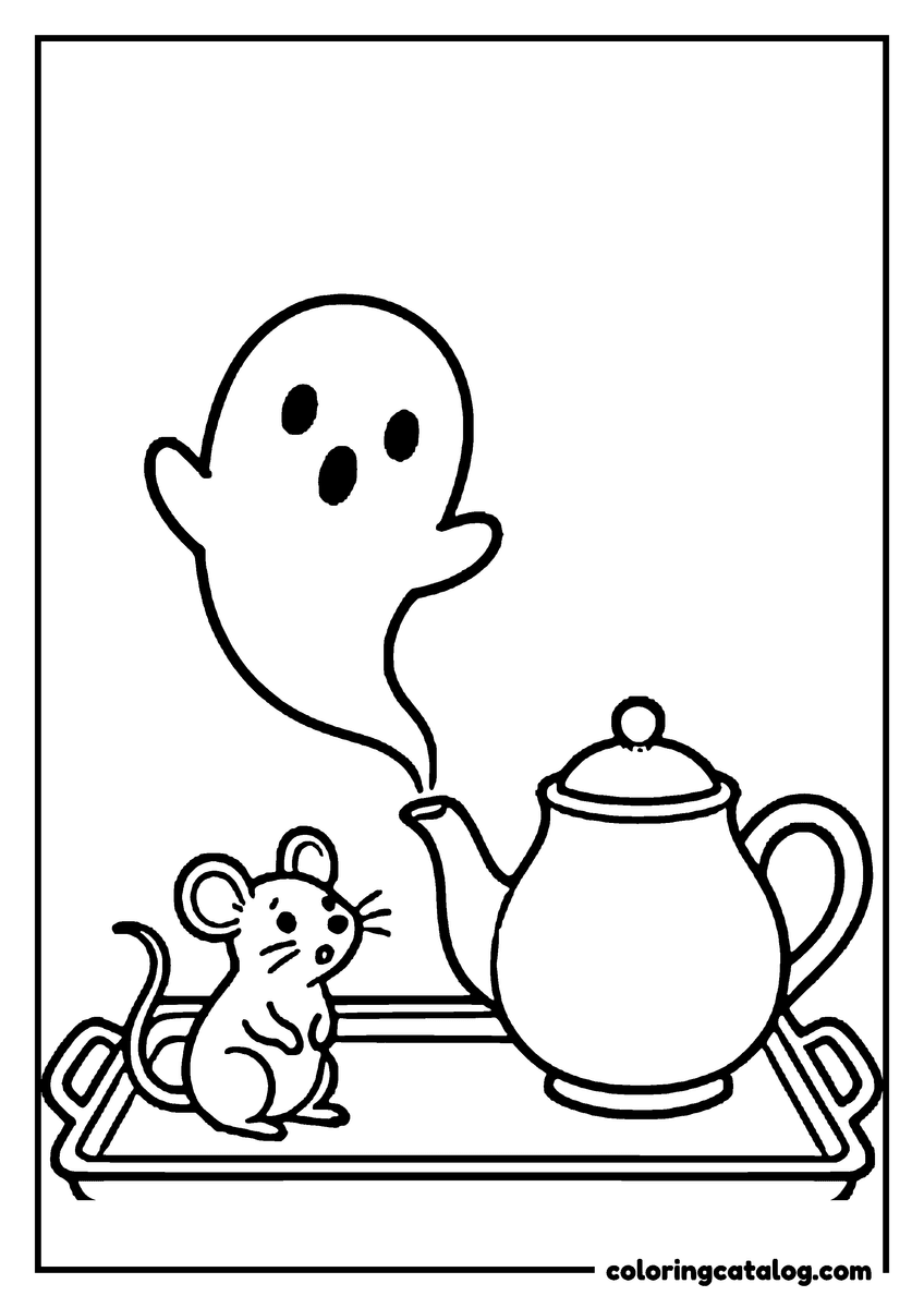 Free printable coloring sheet: A little ghost floating out of a teapot spout while a mouse watches from the tray