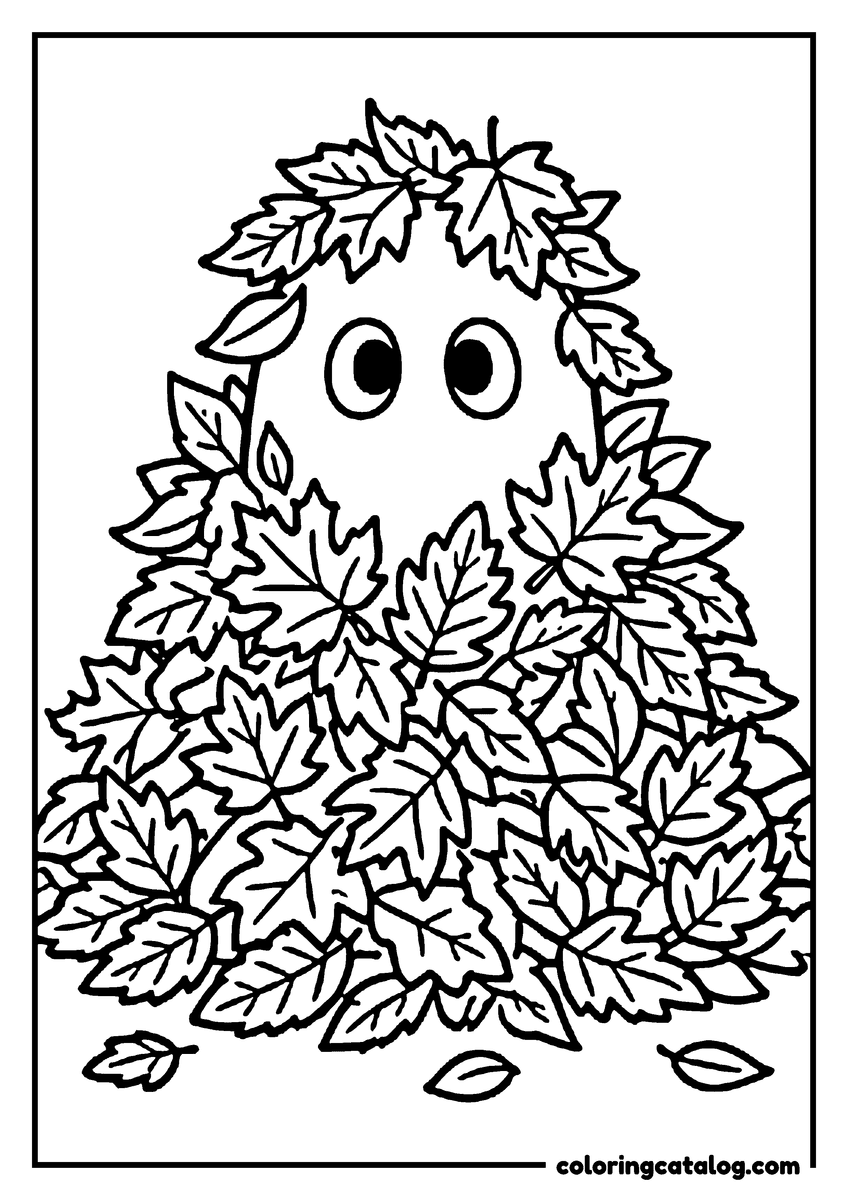 Printable coloring page: A ghost hiding in a big pile of autumn leaves with only its eyes showing