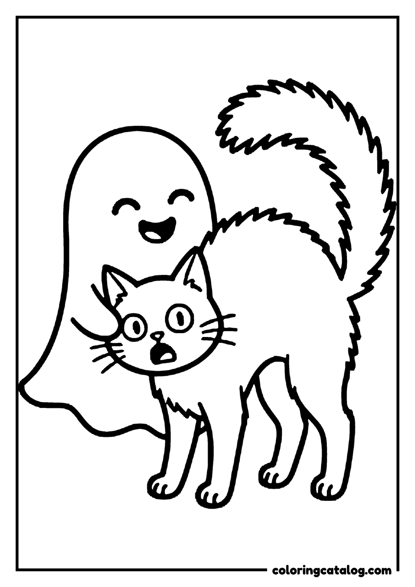 Free printable coloring sheet: A laughing ghost hugging a cat whose fur and tail puff up in surprise