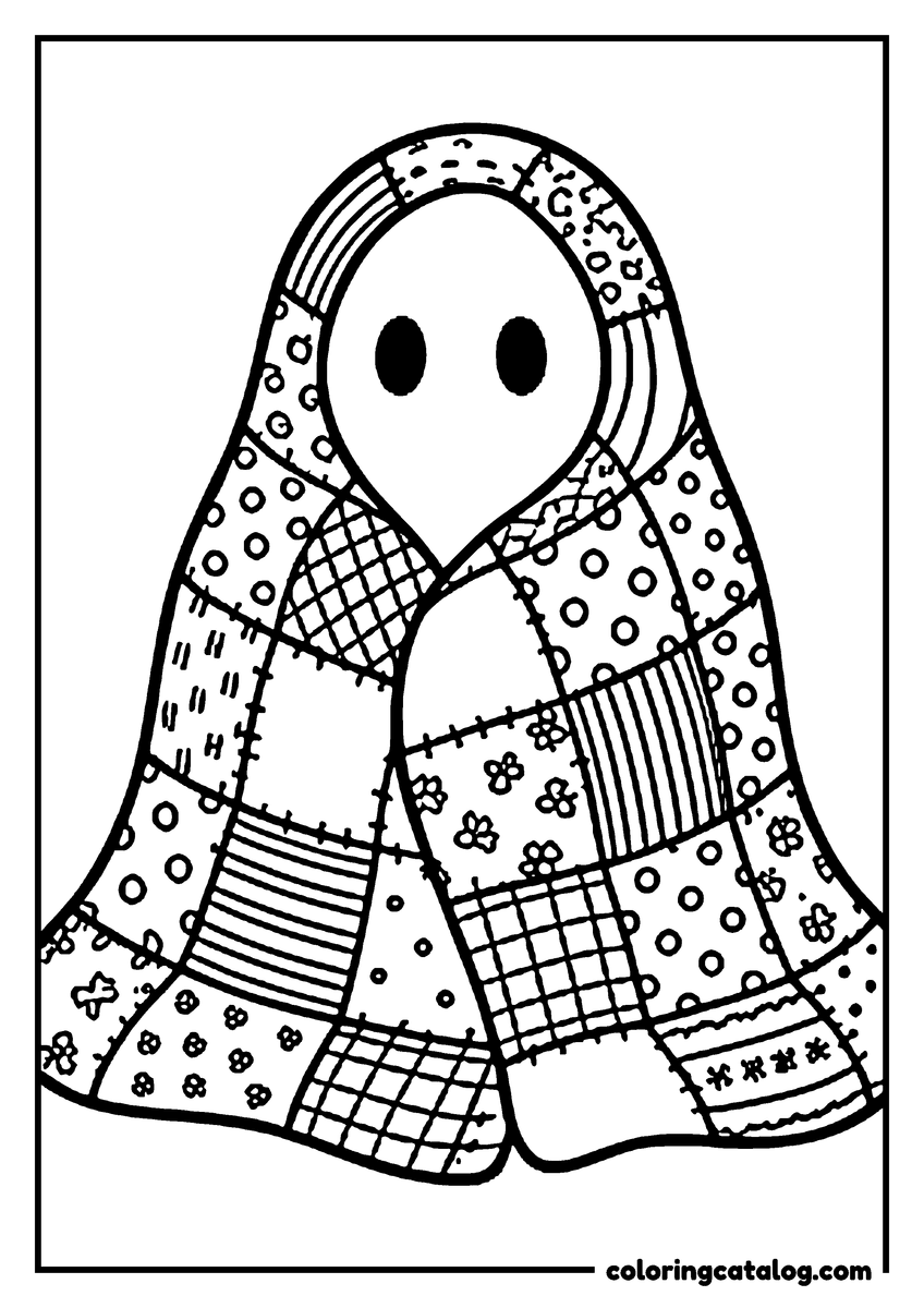 Free printable coloring sheet: A ghost wrapped in a patchwork quilt, each square with a different pattern