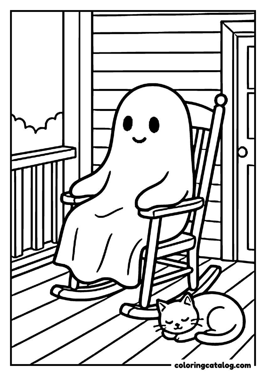 Printable coloring page: A ghost relaxing in a rocking chair on a porch, a cat asleep at its feet