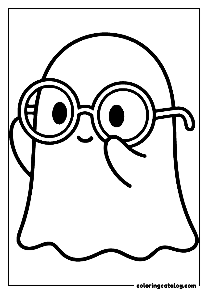 Coloring page: A ghost pushing up a pair of oversized round glasses