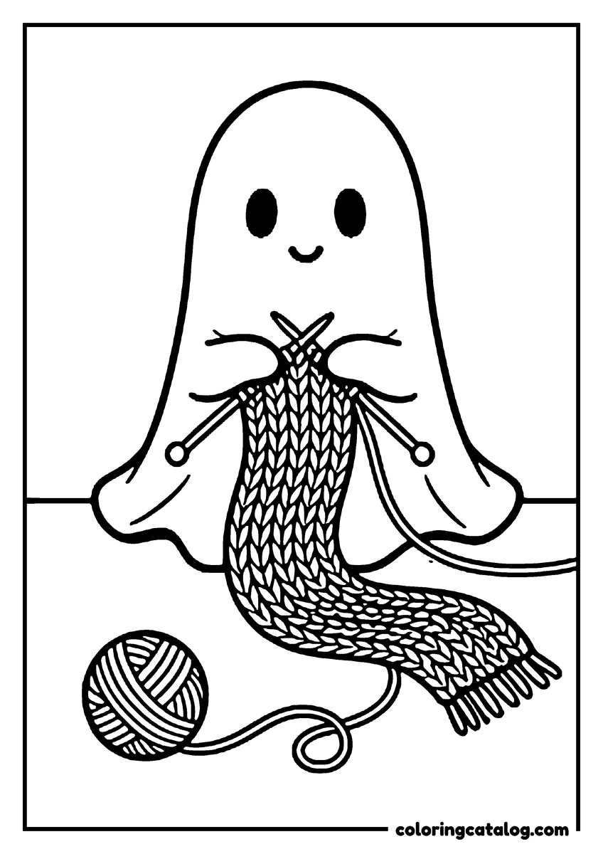 Free printable coloring sheet: A ghost knitting a long fringed scarf, a ball of yarn unrolling below