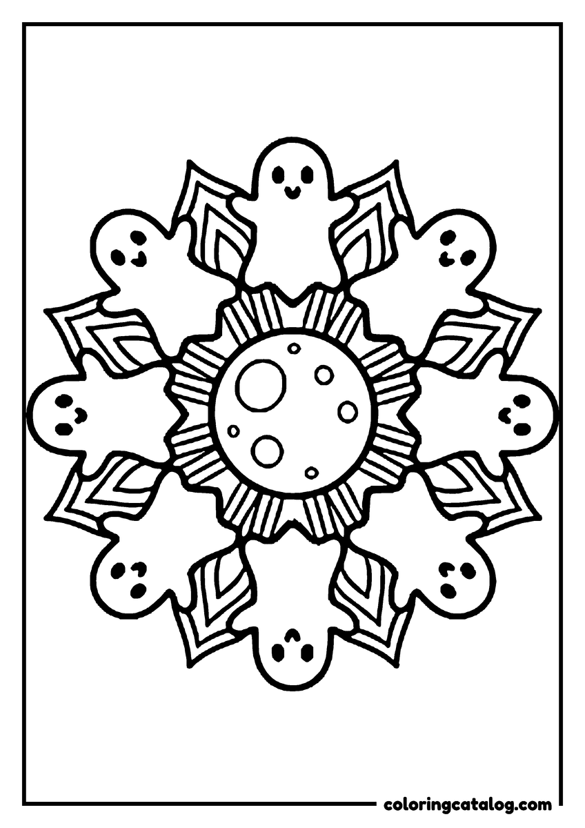 Free printable coloring sheet: A mandala of little ghosts radiating around a full moon