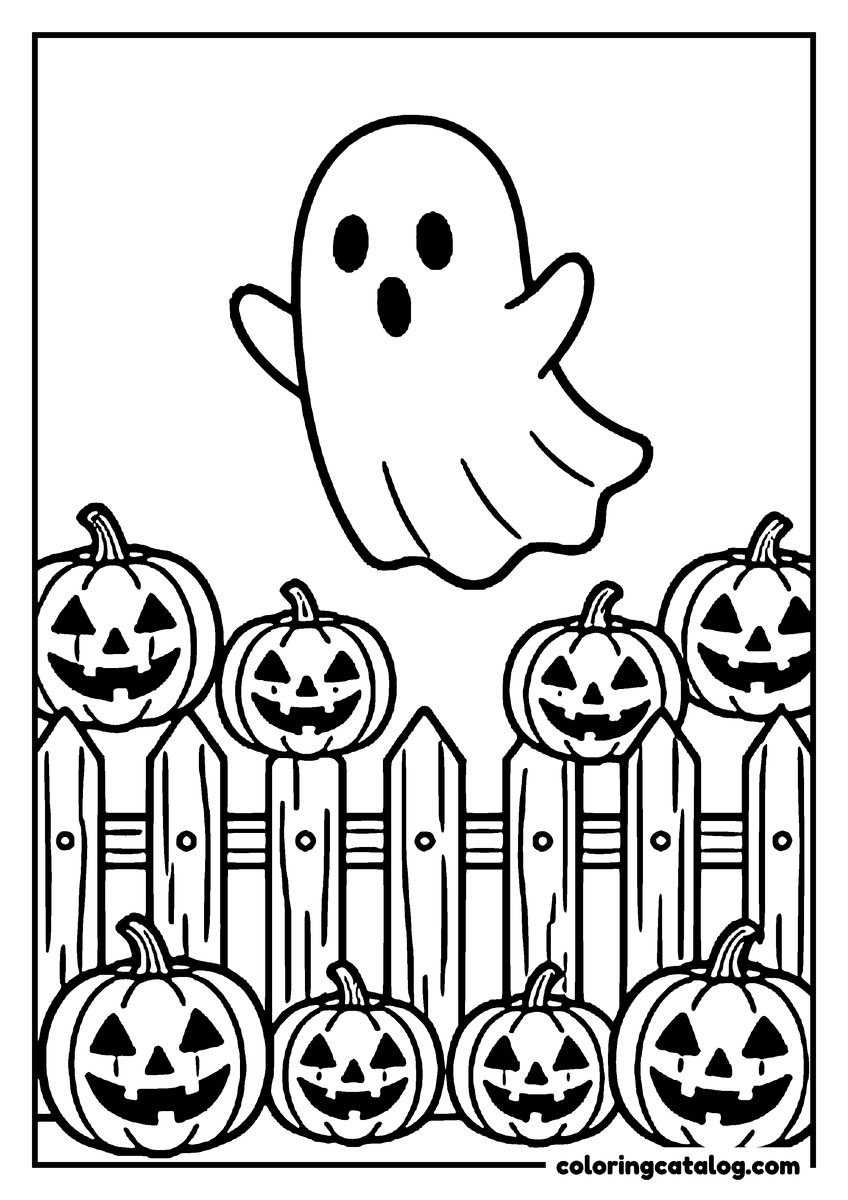 Coloring page: A ghost floating over a picket fence lined with carved jack-o'-lanterns