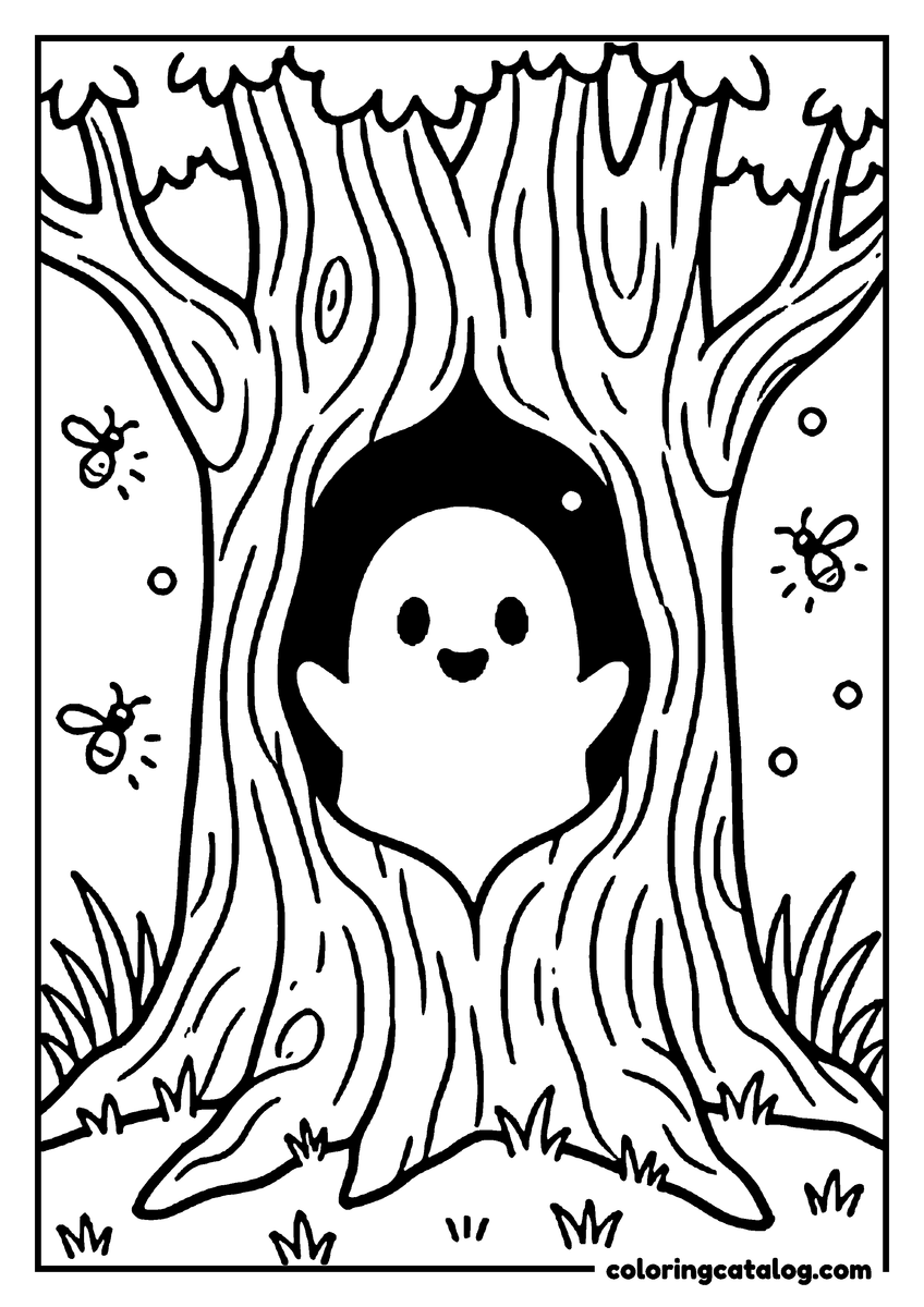 Printable coloring page: A ghost peeking out of the hollow in a big tree, fireflies drifting around