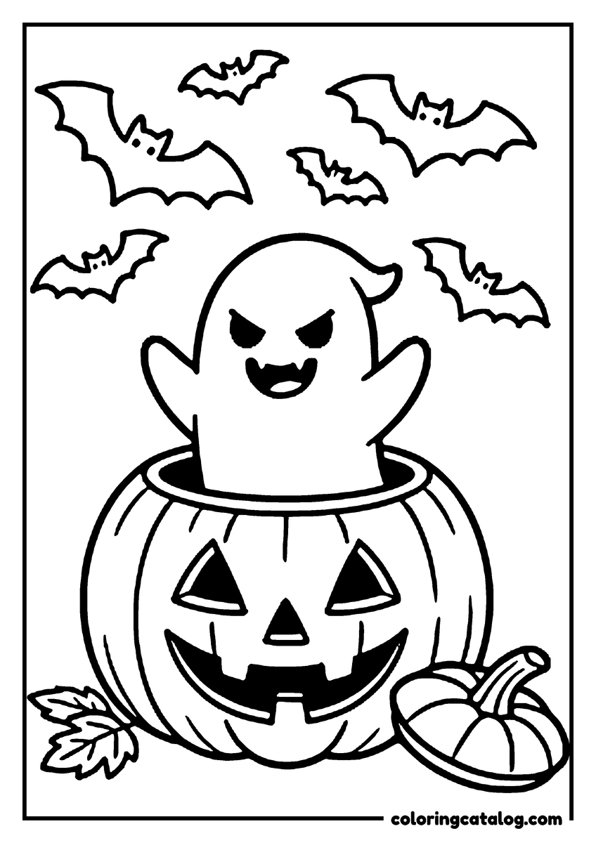 Printable coloring page: A cheeky ghost popping out of a carved jack-o'-lantern while bats fly above