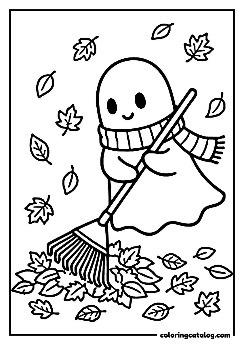 Printable coloring page: A ghost in a scarf raking falling autumn leaves into a pile