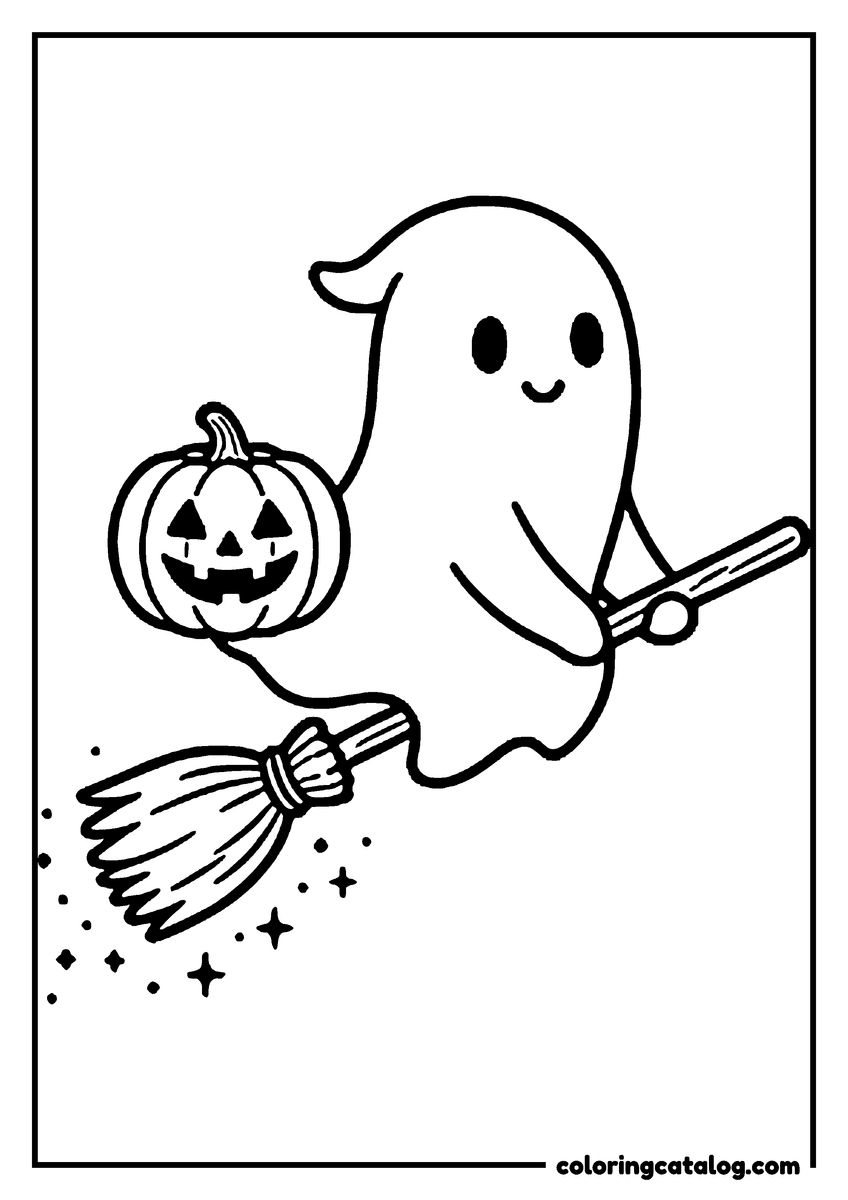 Printable coloring page: A ghost riding a broomstick through the sky, holding a jack-o'-lantern