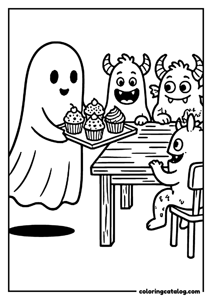 Printable coloring page: A ghost bringing a tray of cupcakes to a table of friendly little monsters