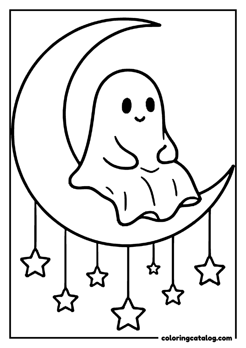 Printable coloring page: A ghost sitting on a crescent moon with stars hanging on threads below