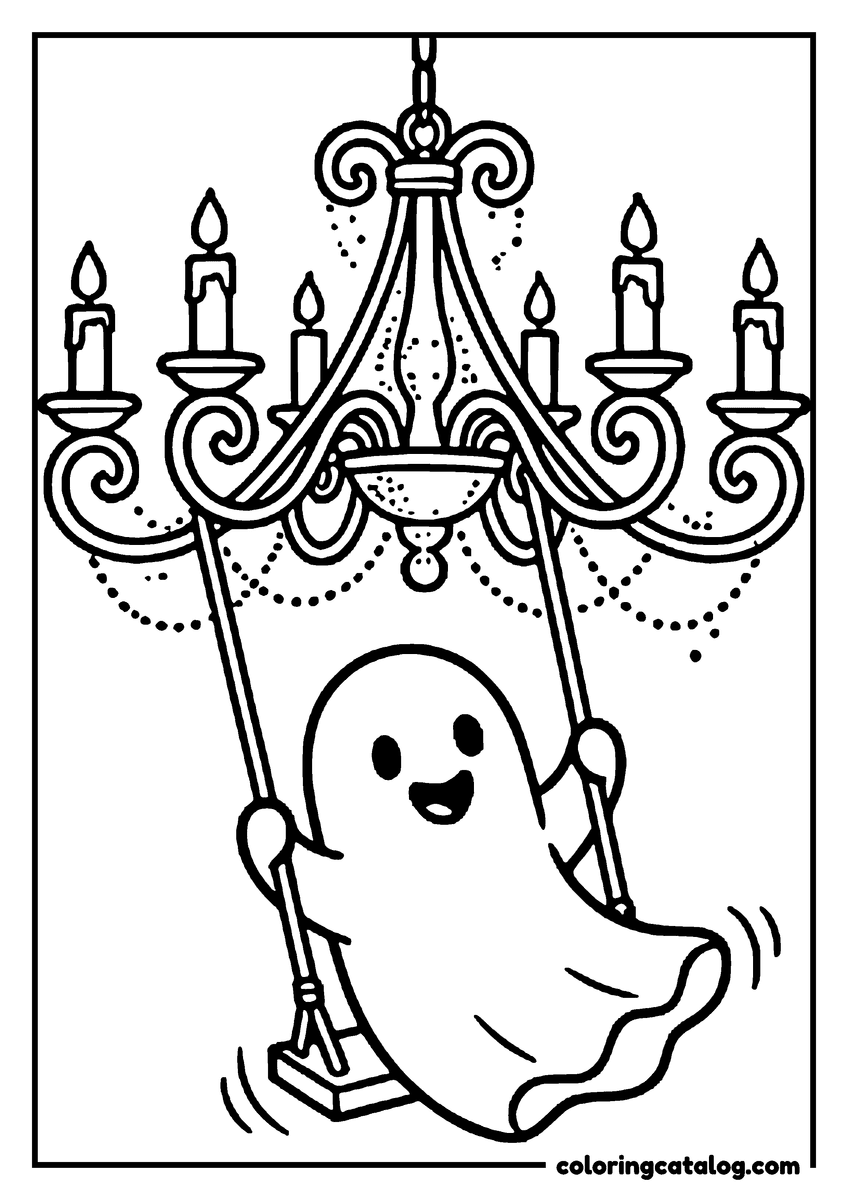Coloring page: A happy ghost swinging on a swing hung from a candle chandelier