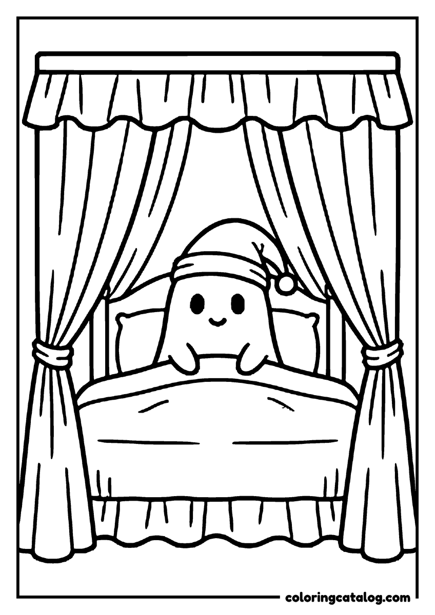 Printable coloring page: A ghost in a nightcap tucked into a canopy bed with the curtains tied back