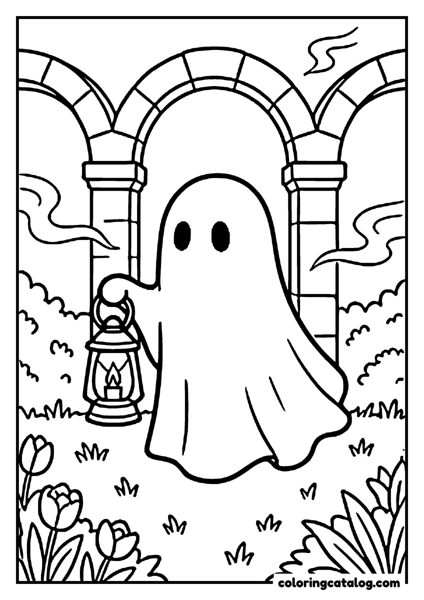 Printable coloring page: A ghost carrying a lantern through a misty garden under old stone arches