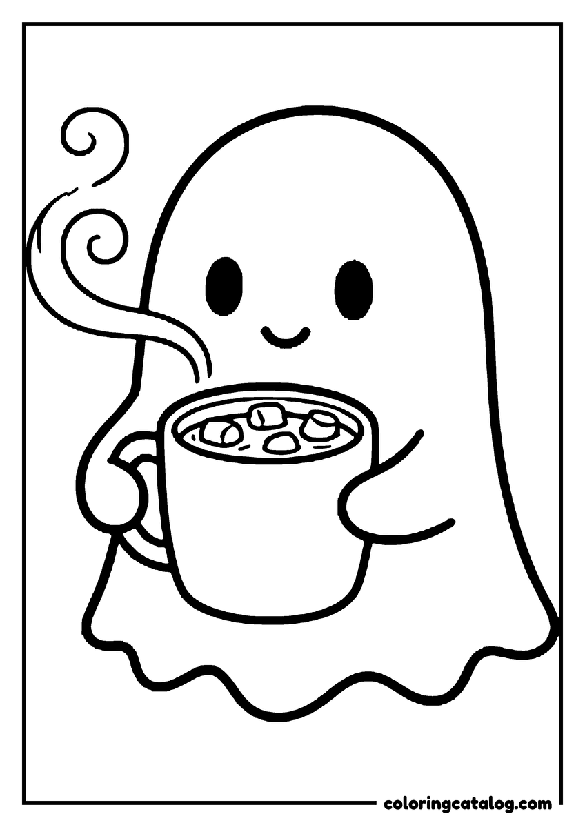 Free printable coloring sheet: A smiling ghost holding a mug of hot chocolate with marshmallows, steam curling up