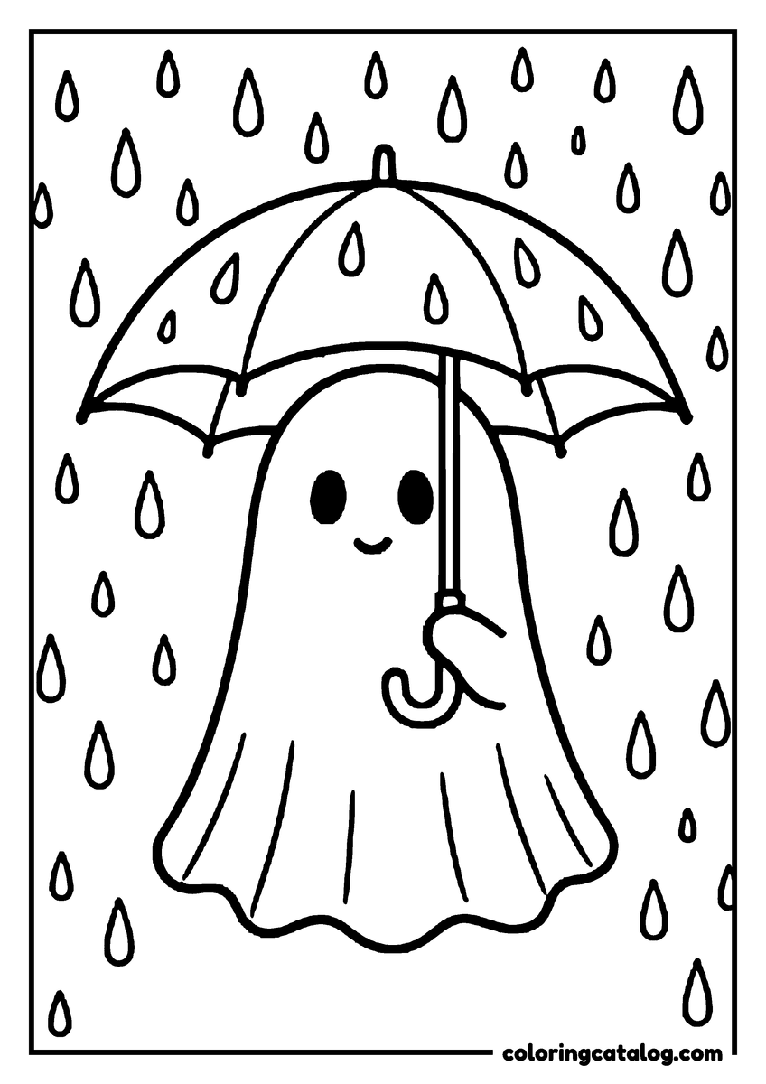 Free printable coloring sheet: A ghost holding an umbrella in the falling rain