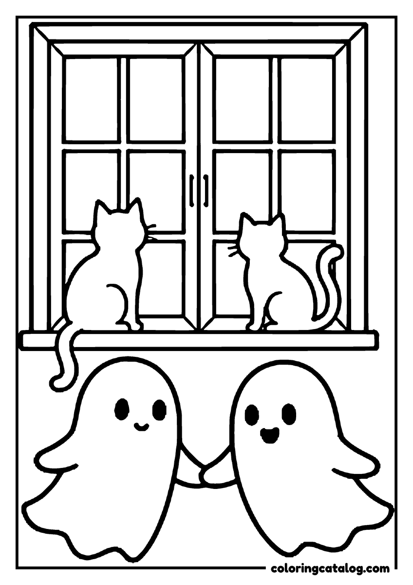 Coloring page: Two ghosts holding hands below a window where two cats sit on the sill