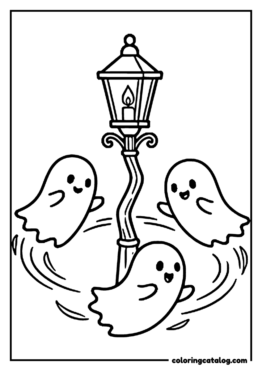 Printable coloring page: Three little ghosts chasing each other around a crooked old lamppost