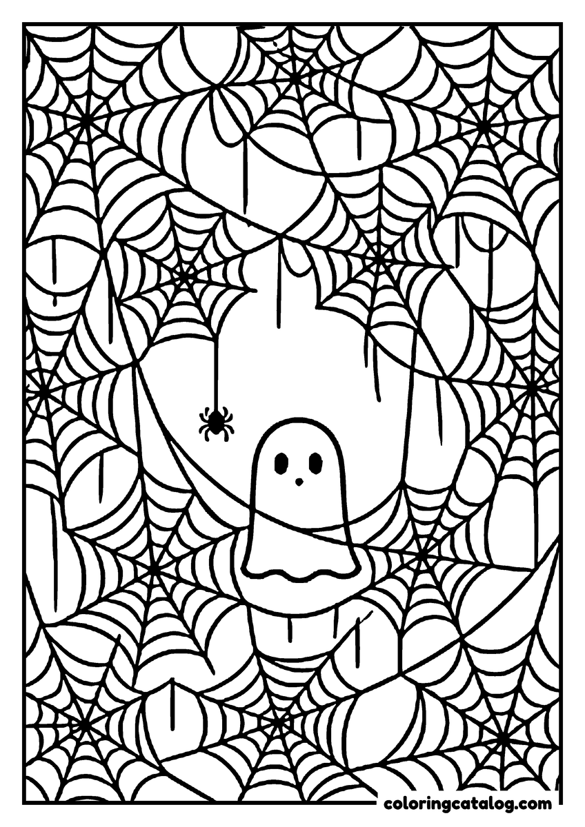 Printable coloring page: A tiny ghost hiding among layers of hanging cobwebs, a little spider above it