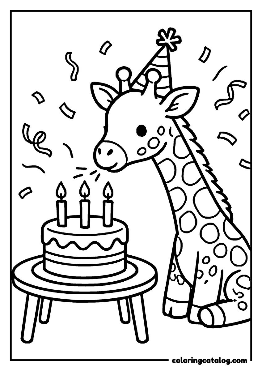 Free printable coloring sheet: A baby giraffe in a party hat blowing out the candles on a birthday cake, confetti in the air