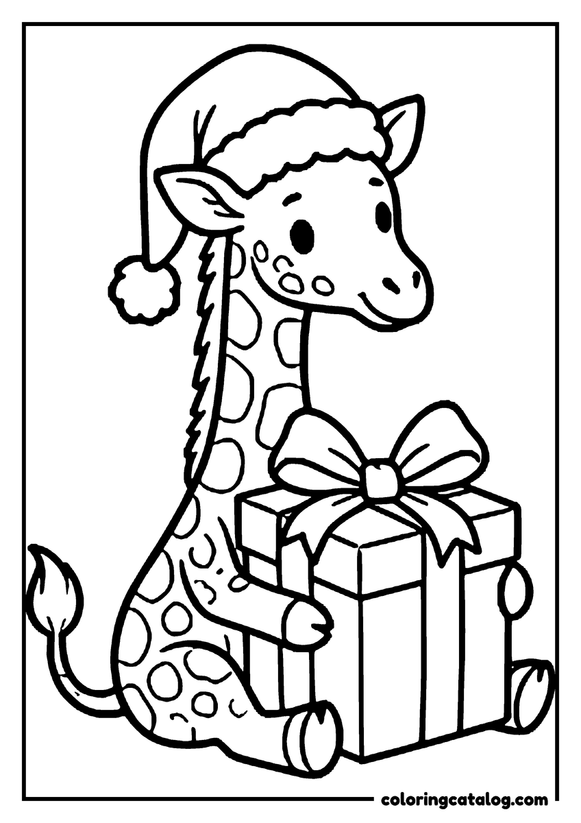 Free printable coloring sheet: A baby giraffe in a Santa hat sitting beside a wrapped Christmas present