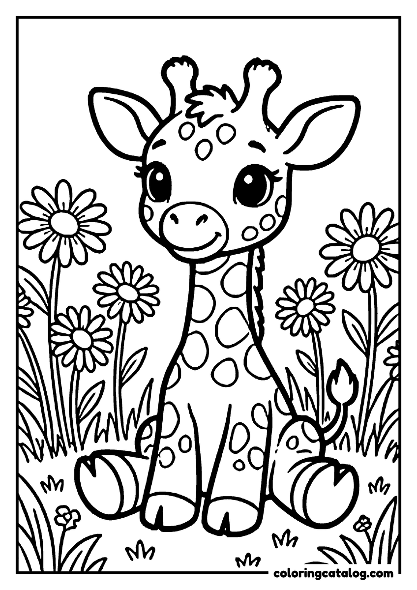 Free printable coloring sheet: A cute baby giraffe with big hooves sitting among tall daisies