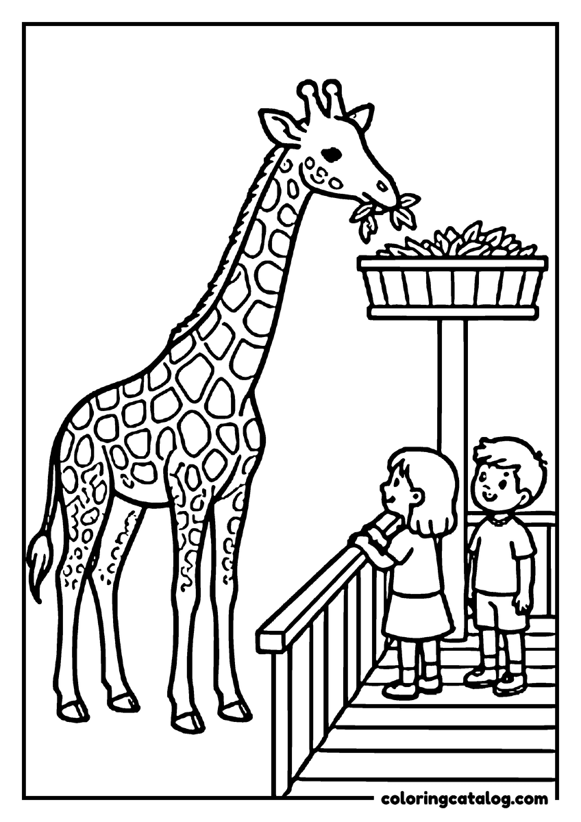 Coloring page: A giraffe eating from a tall feeding platform while two children watch from a wooden walkway