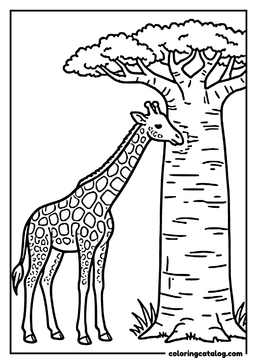 Coloring page: A giraffe standing beside the thick trunk of a baobab tree