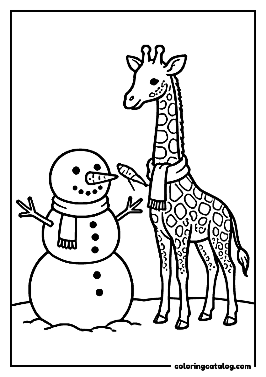 Printable coloring page: A giraffe in a scarf standing beside a snowman with a carrot nose