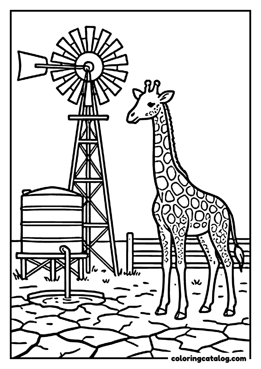 Printable coloring page: A giraffe standing beside a windmill pump and a metal water tank on a dry farm