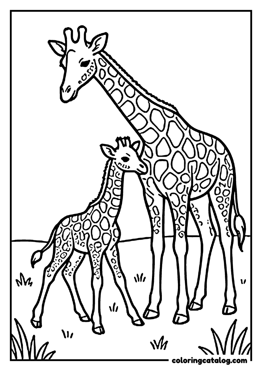 Free printable coloring sheet: A giraffe calf standing on wobbly legs beside its mother on open grassland