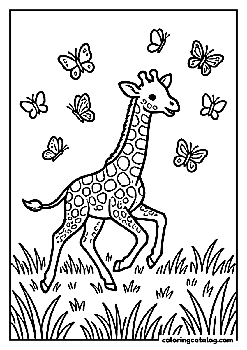 Free printable coloring sheet: A young giraffe prancing through tall grass after a cloud of butterflies