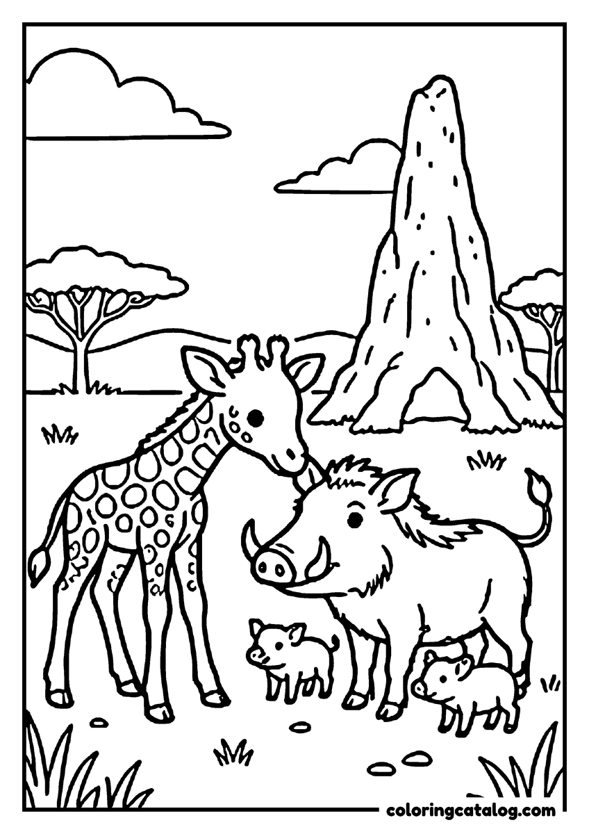 Free printable coloring sheet: A giraffe calf nuzzling a warthog and her piglets near a tall termite mound