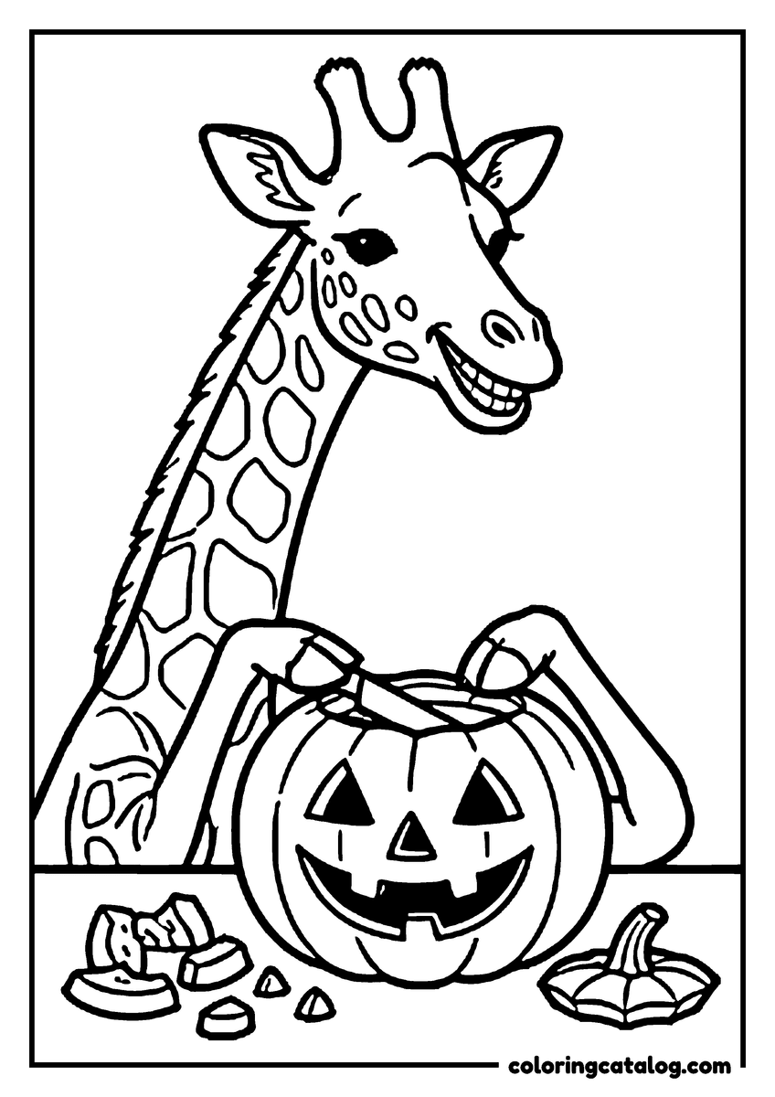 Free printable coloring sheet: A smiling giraffe carving a jack-o-lantern on a table, pumpkin pieces scattered around it