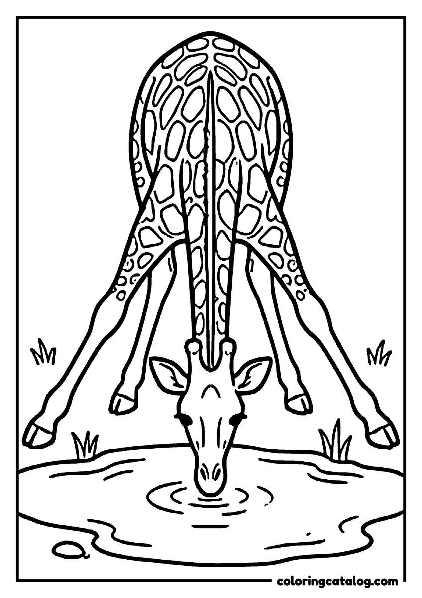 Coloring page: A giraffe spreading its front legs wide to drink from a shallow waterhole