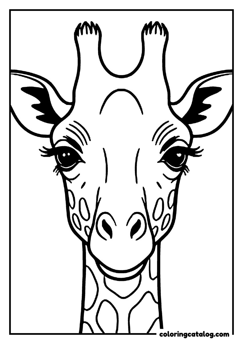 Printable coloring page: A giraffe face seen from the front, with its ossicones, big ears and long eyelashes