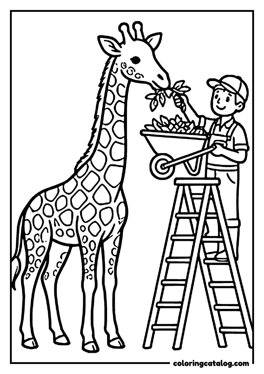 Printable coloring page: A giraffe eating leaves from a wheelbarrow held up by a keeper standing on a ladder