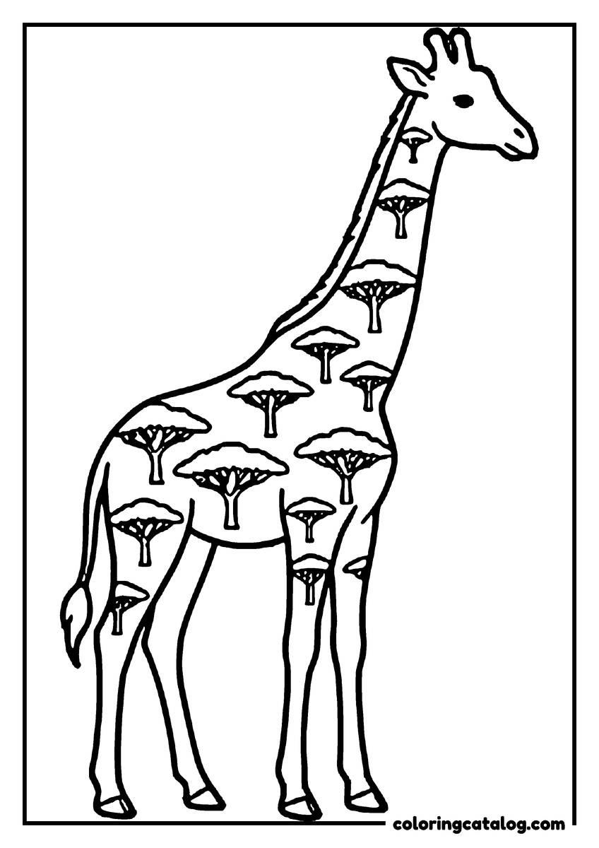 Free printable coloring sheet: A giraffe silhouette whose coat is filled with small acacia tree shapes