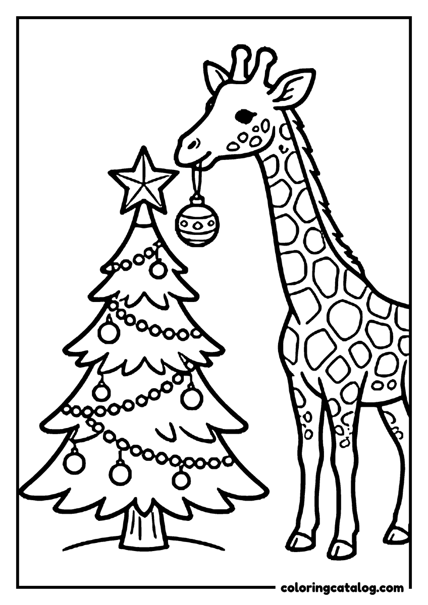 Free printable coloring sheet: A giraffe hanging an ornament on a Christmas tree topped with a star
