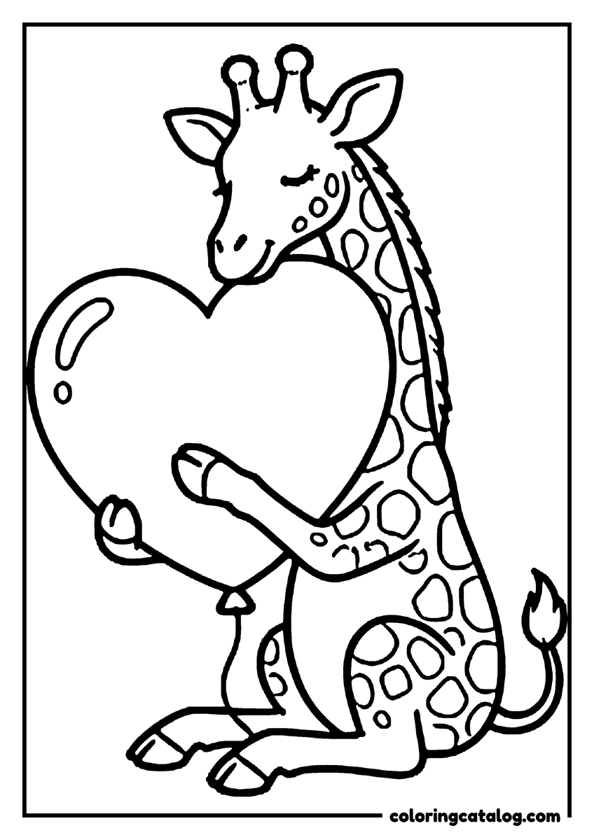 Free printable coloring sheet: A giraffe sitting down and hugging a big heart-shaped balloon