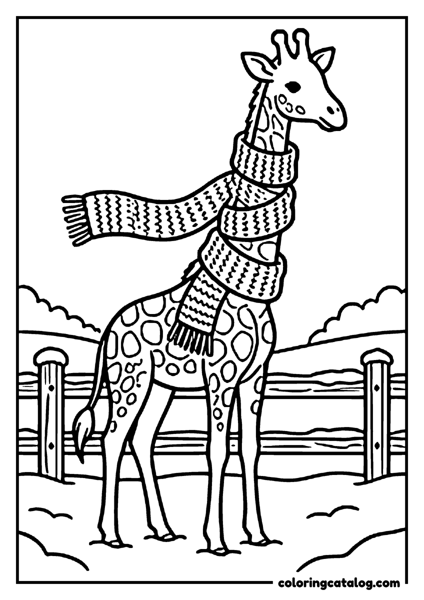 Free printable coloring sheet: A giraffe wearing a long knitted scarf wound down its neck in a snowy paddock
