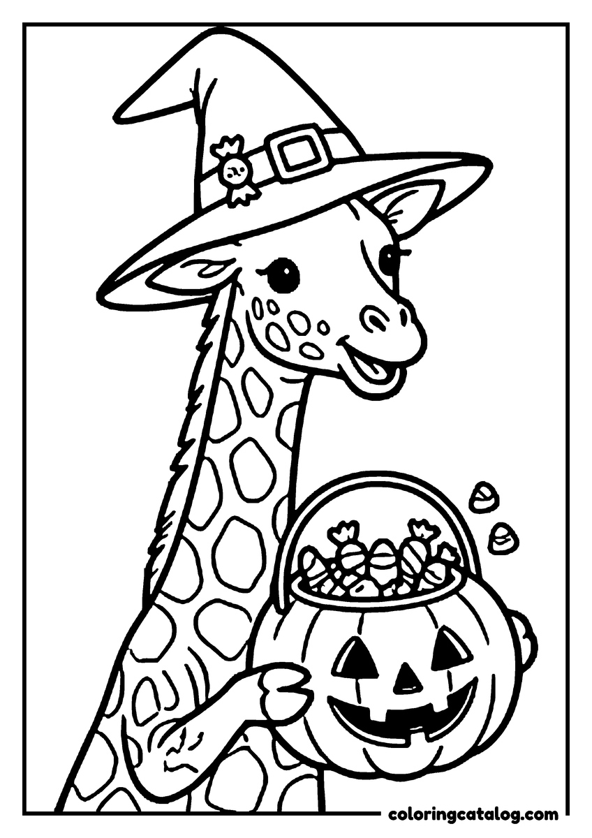 Free printable coloring sheet: A giraffe in a witch hat holding a jack-o-lantern bucket full of Halloween candy