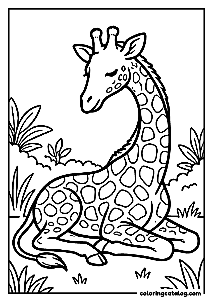 Printable coloring page: A giraffe lying folded on the ground with its long neck curved over its back