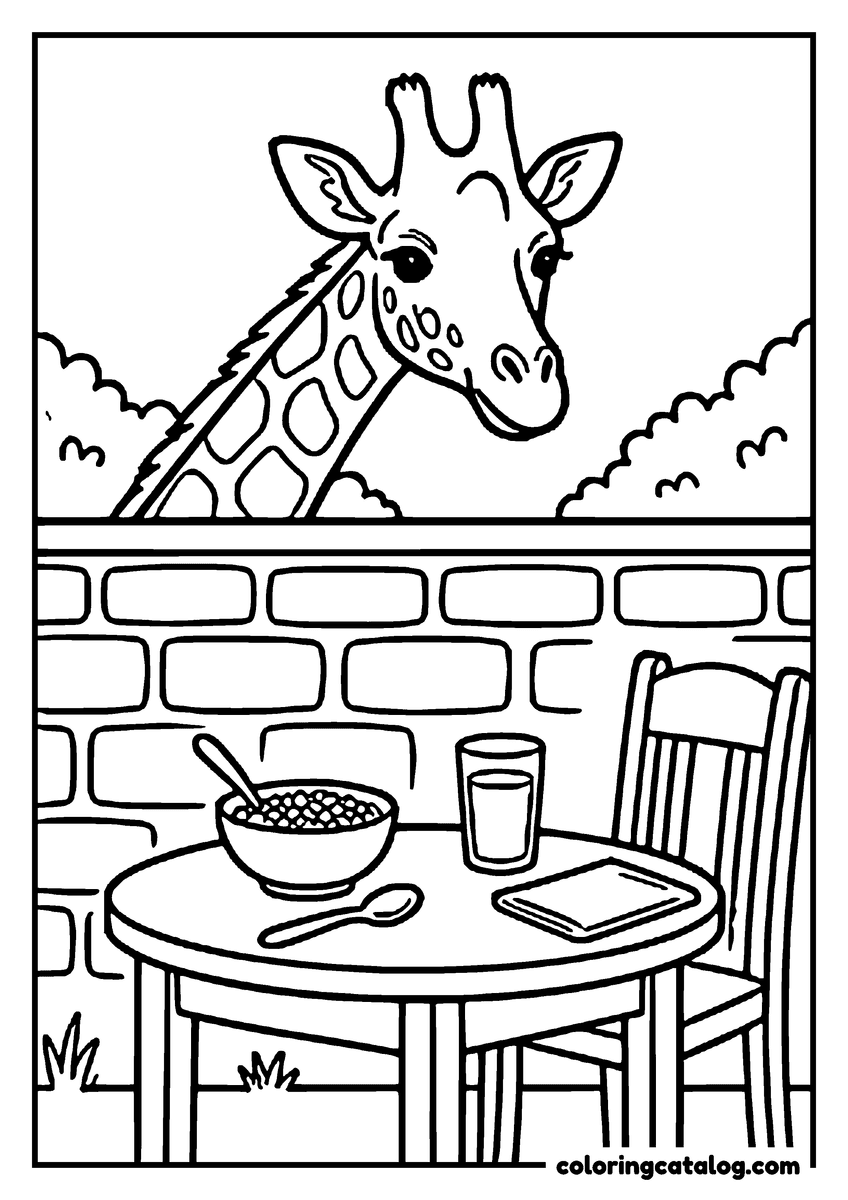Free printable coloring sheet: A giraffe peering over a brick garden wall at a table set for breakfast